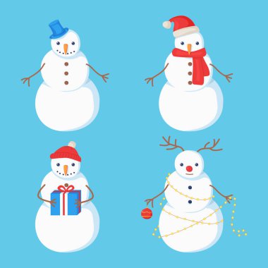 Set of new year snowman characters in flat cartoon style