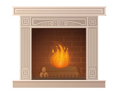 Cozy white stone burning fireplace in cartoon style isolated on white