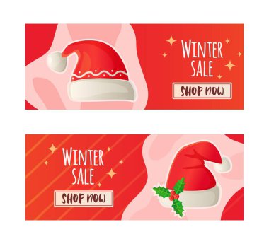 Red winter banner set with Christmas hat. New year sale banner template. Vector illustration isolated on white background in flat cartoon style