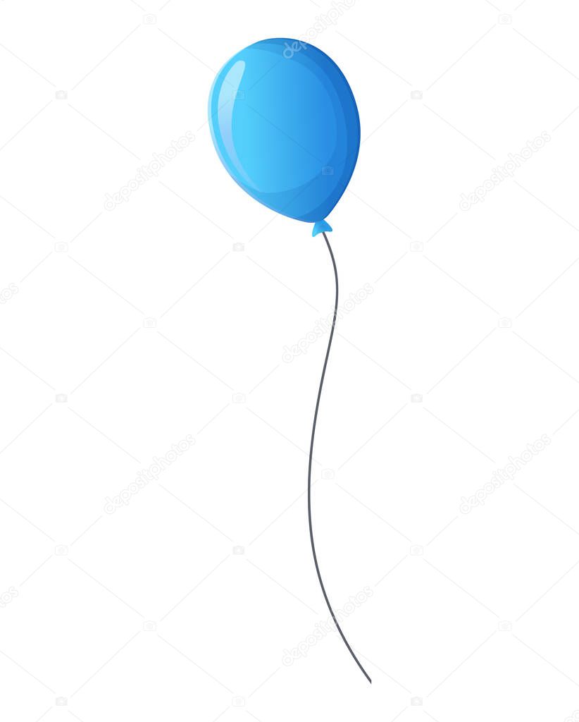 Blue balloon with string flying. Stock vector illustration isolated on a white background in cartoon realistic style. Party, anniversary, birthday, New Year celebration decoration element.