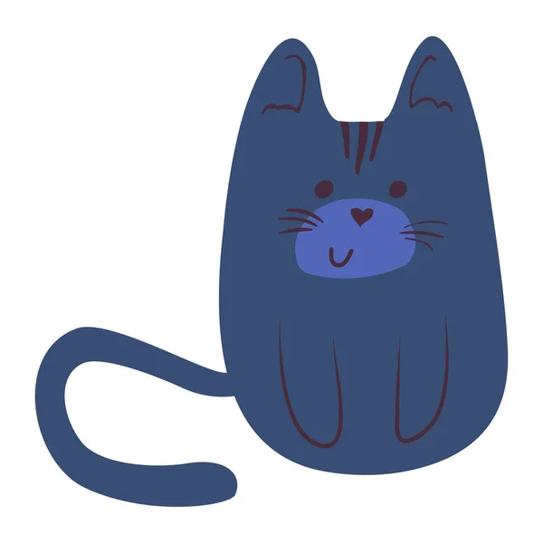 Flat Blue Cartoon Cat Simple Illustration Naive Kids Drawing — Stock vektor