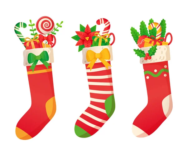 Christmas Decorated Socks Presents Set Cartoon Style Isolated White Background — Stockvektor