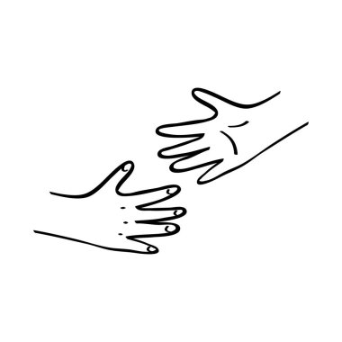 Kids hands reaching out to each other. Outline illustration in hand drawn style.