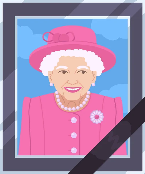 Queen Elizabeth II portrait in pink costume with hat photo frame with black ribbon. In memory of monarch concept. Britain s queen pass away tribute. Stock vector illustration in flat cartoon style.