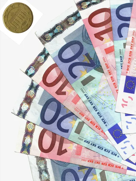 Gama de billetes en euros y moneda alemana — Foto de Stock