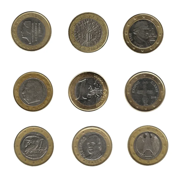 Εννέα κέρματα του ενός ευρώ από διαφορετικά έθνη — Φωτογραφία Αρχείου