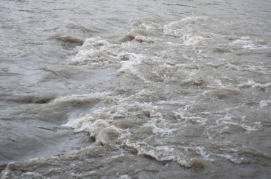 Hızlı akan soğuk su dağı deresi, akan fırtınalı akarsu, doğa, taze akıntı koyu mavi su, temiz çevre, dalgalar ve yakın çekim.
