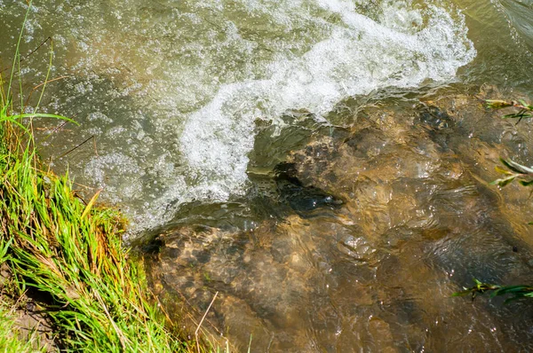 速い流れ冷たい水の渓流 嵐のストリームを流れる 新鮮なストリームダークブルーの水 きれいな環境 波とスプラッシュクローズアップ — ストック写真