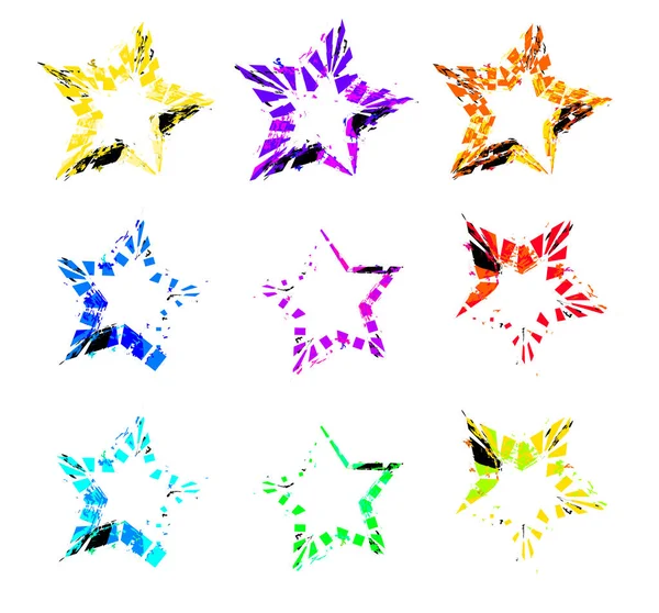 Σύνολο αφηρημένων αστεριών σε διάφορα χρώματα, σχέδιο επίπεδη στυλ διανυσματική απεικόνιση, που απομονώνονται σε λευκό. — Διανυσματικό Αρχείο