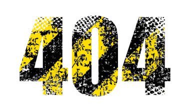 Grunge yazıtları 404, web sitesi yükleme hatası, düz tasarım vektör çizimi, beyaz üzerine izole edilmiş. Siyah ve sarı çizgili eski doku.