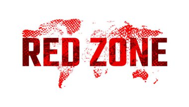 Grunge pejmürde kırmızı bölge dünya haritasında beyaz üzerine izole edilmiş kırmızı renkli düz tasarım vektör çizimi. Tehlike uyarısı
