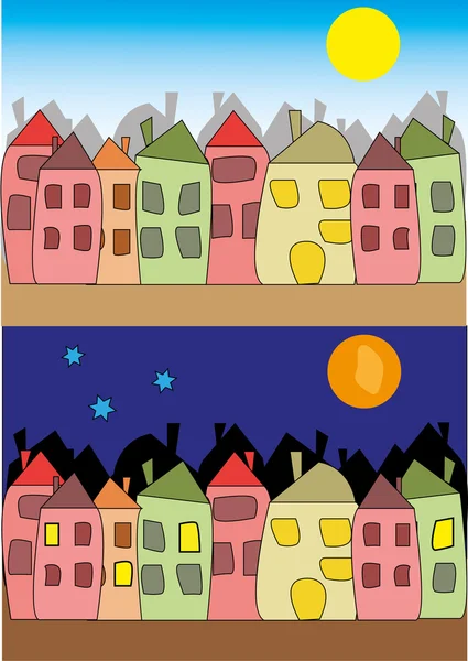 Vector image of the city - day and night — Stock Vector