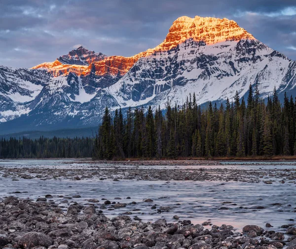 Monte Fryatt e o rio Athabasca ao nascer do sol, Parque Nacional Jasper — Fotografia de Stock