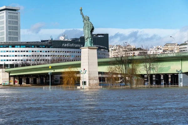 Paris France February 2021 Flood Seine River Statue Liberty Replica Stock Picture