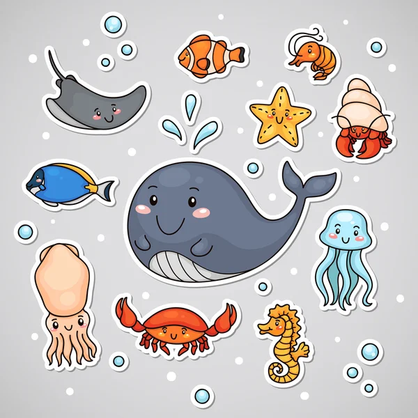 Sticker with sea animals — Stock Vector