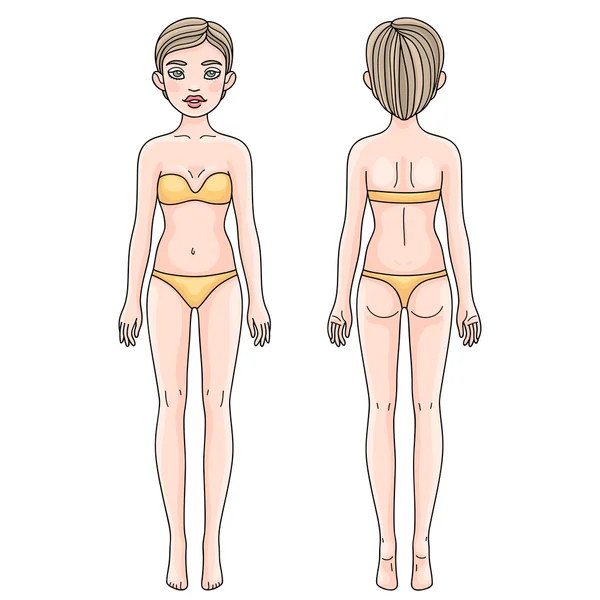 Cuerpo femenino delante y detrás Chica europea — Vector de stock