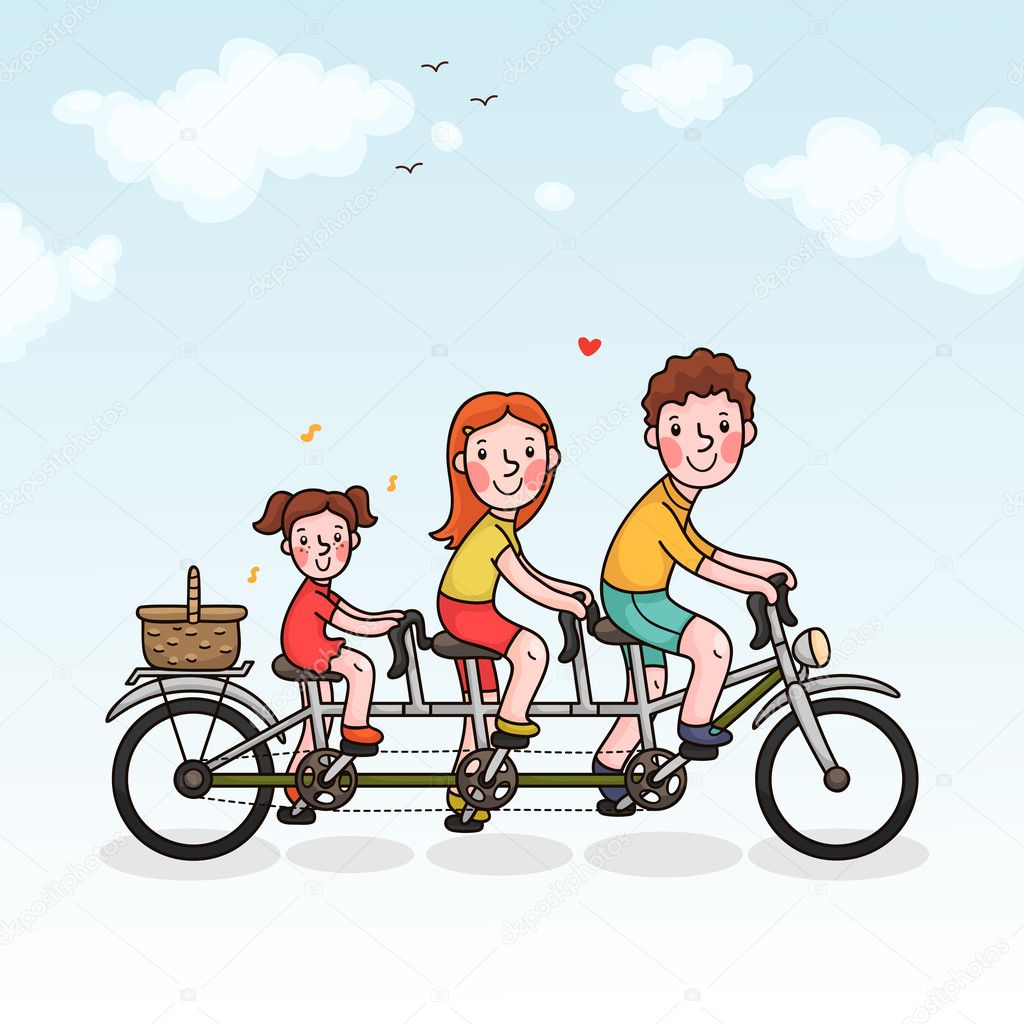 Family picnic parents and daughter tandem bicycle