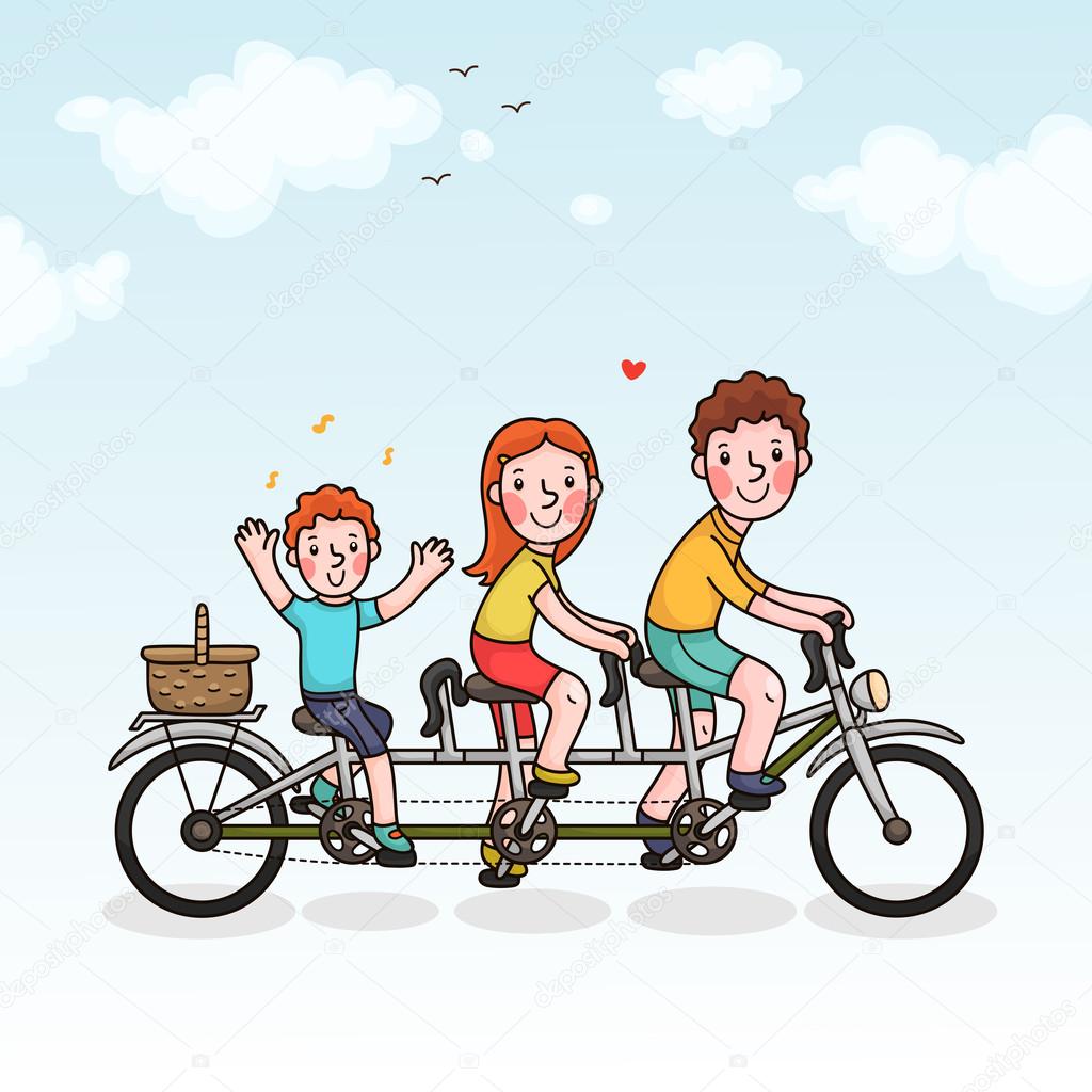 Family picnic parents and son tandem bicycle