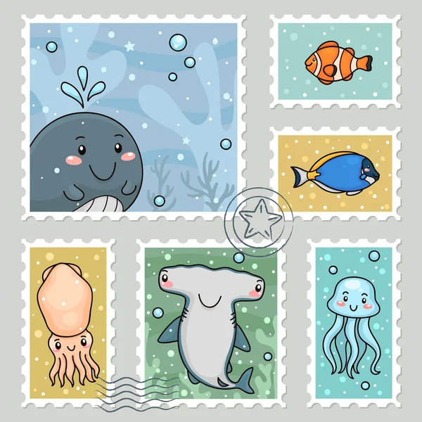 Stamp with sea animals — Stock Vector