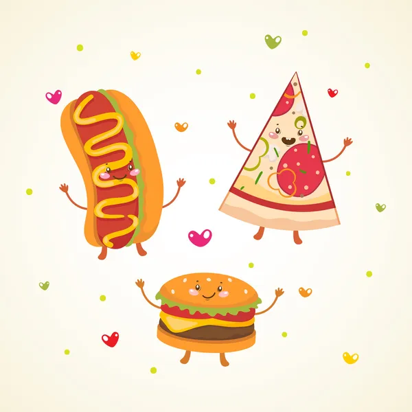 Cute fast food. Burger, Hot dog and Pizza — Stock Vector