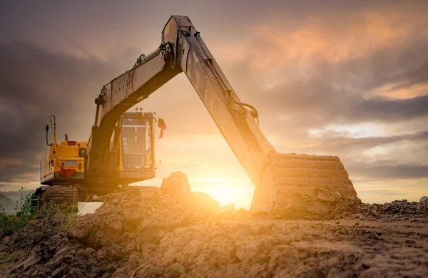 Backhoe Parked Construction Site Digging Soil Bulldozer Sunset Sky Clouds — Stock Photo, Image