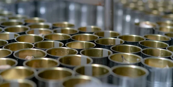 Canned Fish Factory Food Industry Many Can Sardines Conveyor Belt — Foto de Stock