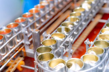 Konserve balık fabrikası. Yiyecek endüstrisi. Yiyecek fabrikasındaki konserve kutularda kırmızı domates soslu sardalyalar. Gıda üretim hattı. Yiyecek üretim endüstrisi. Taşıma bandında bir sürü sardalya konservesi.