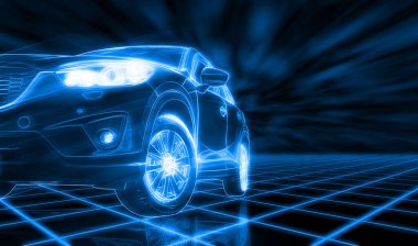Modern SUV açık far fonda park etmiş fütüristik araç konsepti. Geleceğin ulaşımı. Gelecekçi özerk araba. Sürücüsüz otonom araç. Otomobil teknolojisi.