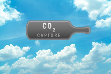 Mavi gökyüzü ve beyaz kümülüs bulutları üzerinde gri bir şişede CO2 yakalanıyor. Karbon yakalama ve depolama teknolojisi kavramı. Sera gazı. Karbondioksit gazı küresel hava kirliliği. Çevre sorunu.