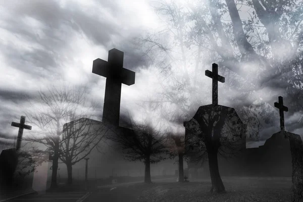 Cemetery Graveyard Night Dark Sky Haunted Cemetery Halloween Day Background — Stockfoto