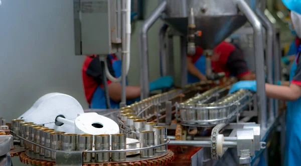 Canned fish factory. Food industry.  Sardines in red tomato sauce in tinned cans at food factory. Food processing production line. Food manufacturing industry. Many can of sardines on a conveyor belt.