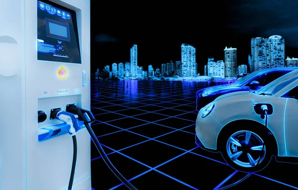 Electric Car Car Charging Station Cityscape Background Futuristic Vehicle Concept — Foto de Stock
