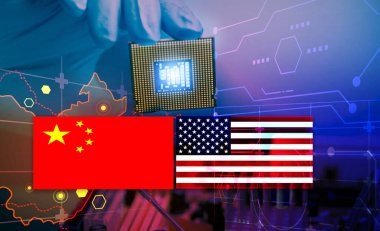 Chip shortage and US-China trade conflict. Global chip shortage crisis and China-United States trade war concept. China flag and US flag on china map and hand holding computer chip on background. clipart
