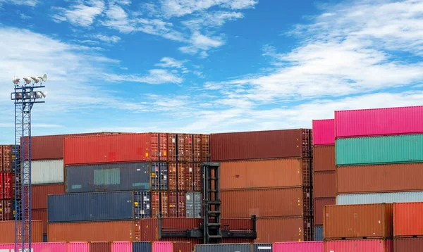 Stack of logistics container. Cargo and shipping business. Container ship for export logistics. Logistic industry. Container for truck, ship, and air logistics. Container depot service and transport.