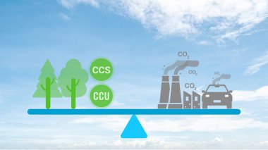 Karbon nötr kavramı. Karbondioksit azaltımı. Karbondioksit gazı emisyonları ağaçlar tarafından emilen karbonla ve karbon yakalama teknolojisiyle dengelenir. CO2 nötr dengeleme ölçeği. Fabrika ve taşımacılık kirliliği