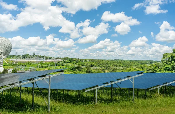 Photovoltaic power station or solar park. PV system. Solar farm and green field. Solar power for green energy. Photovoltaic power plant generate solar energy. Clean energy. Sustainable resources.