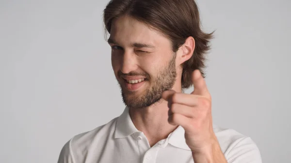 Attractive Bearded Guy Looking Confident Pointing Index Finger Camera Winking — Stock Photo, Image