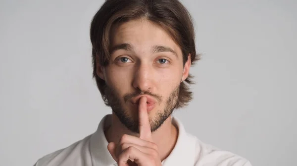 Close Bearded Man Keeping Fore Finger Lips Asking Make Silence — Stock Photo, Image
