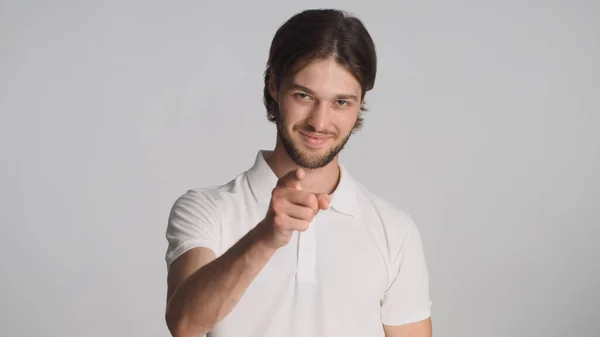 Attractive Bearded Guy Looking Confident Pointing Index Finger Camera Choosing — Stock Photo, Image