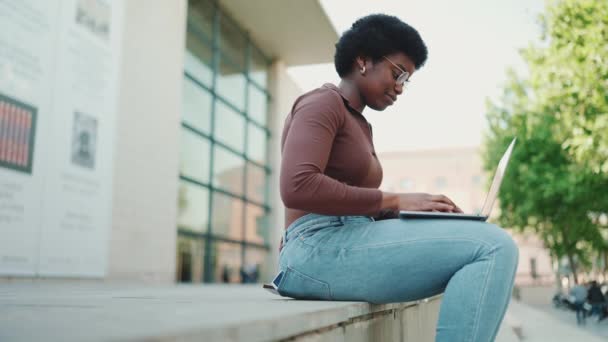 Widok Boku Atrakcyjny Kobieta Freelancer Pracuje Laptopie Ulicy Piękny Student — Wideo stockowe