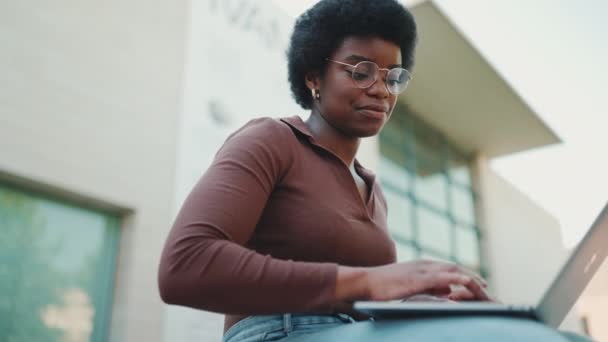 Schöne Freiberuflerin Die Mit Dem Laptop Freien Arbeitet Junge Afrikanische — Stockvideo