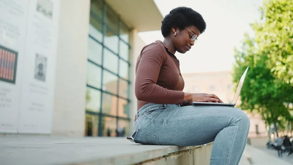 Widok Boku Atrakcyjnej Kobiety Freelancer Pracuje Laptopie Ulicy Piękna Afro — Zdjęcie stockowe