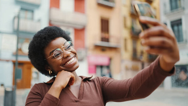 Beautiful African American Girl Smiling Taking Selfie Street Wearing Glasses Royalty Free Stock Images