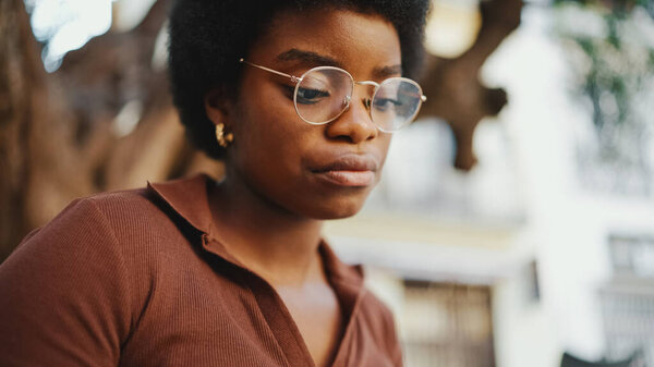 Close Afro Girl Wearing Glasses Looking Concentrated Break Outdoors Portrait Royalty Free Stock Photos