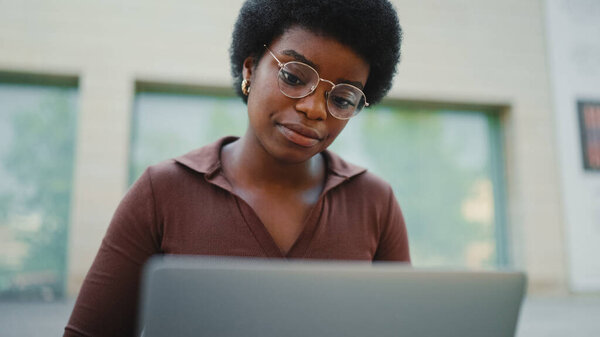 Afro Curly Haired Woman Glasses Working Laptop Female Student Surfing Royalty Free Stock Images