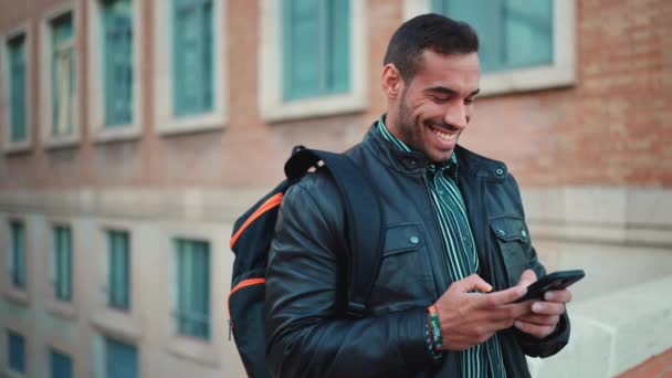 Attractive Brunette Man Backpack Wearing Leather Jacket Looking Happy While — Stock Video