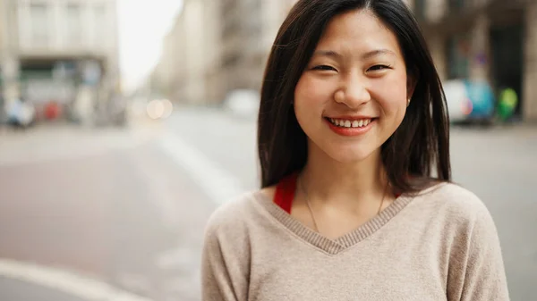 Portrait Asian Woman Looking Camera Smiling Standing Street Happy Emotions Stock Picture