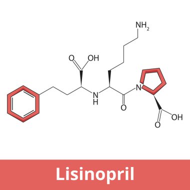 Lisinopril 'in kimyasal yapısı. Anjiotensin dönüştürücü enzim (ACE) inhibitörünün bir ilacıdır ve yüksek tansiyon, kalp yetmezliği ve kalp krizinden sonra tedavisinde kullanılır..