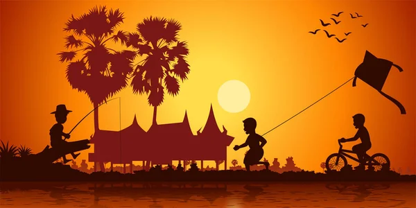 亚洲人的乡村生活男孩玩风筝 骑自行车 日落时钓鱼 — 图库矢量图片