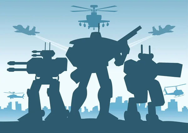 Conception Silhouette Robot Soldat Debout Tenir Pistolet Dans Ville Entre — Image vectorielle